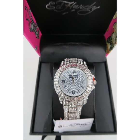 Ed Hardy Womens Crystal Bling Watch Silver Tone Rhinestone‎ Embellished